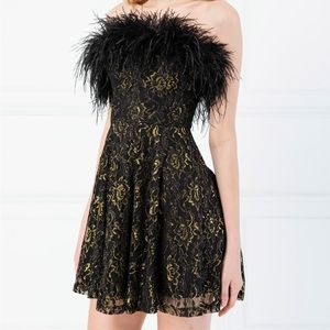 Kikiriki strapless feathered black and gold dress S NWT